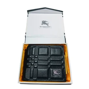 Black leather Burberry wallet with iconic check pattern and brand logo