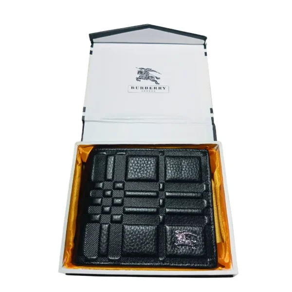 Black leather Burberry wallet with iconic check pattern and brand logo