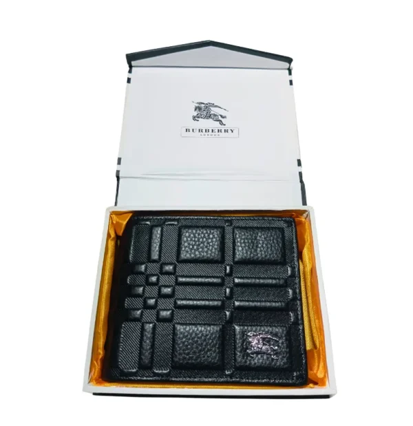 Black leather Burberry wallet with iconic check pattern and brand logo