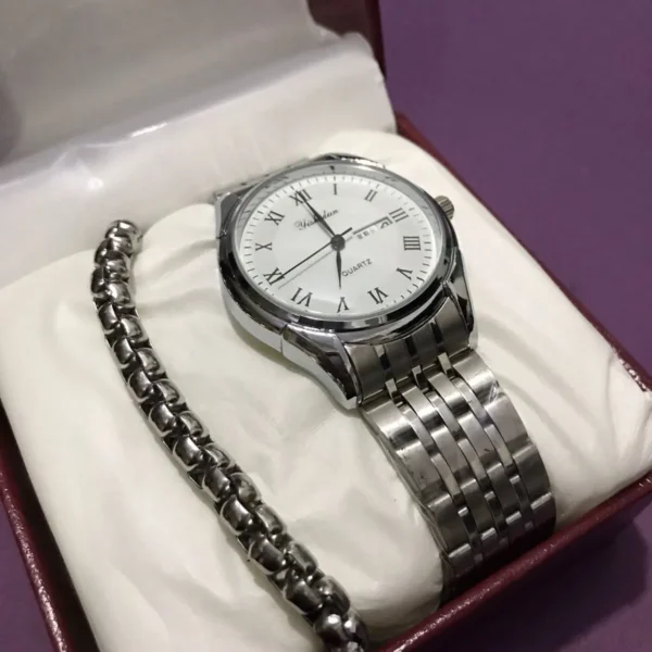 Men's Silver Watch & Bracelet Set – Classic Stainless Steel Combo