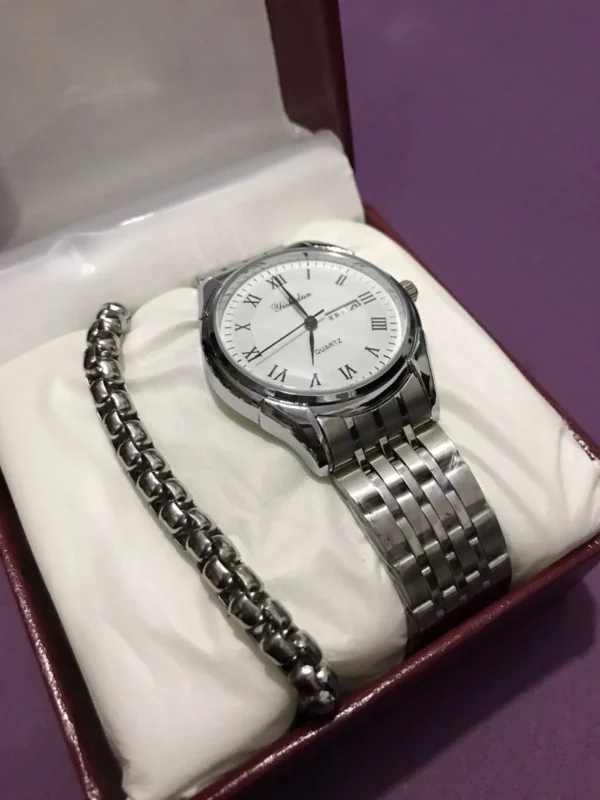 Men's Silver Watch & Bracelet Set – Classic Stainless Steel Combo