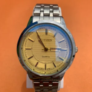 Men's Analog Watch – Golden Dial with Silver Stainless Steel Strap