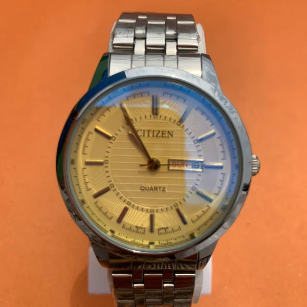Men's Analog Watch – Golden Dial with Silver Stainless Steel Strap