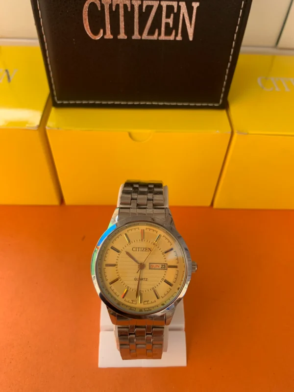 Men's Analog Watch – Golden Dial with Silver Stainless Steel Strap