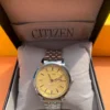 Men's Analog Watch – Golden Dial with Silver Stainless Steel Strap