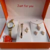 Elegant Gold-Tone Women's Watch & Jewelry Gift Set – 5-in-1 Box