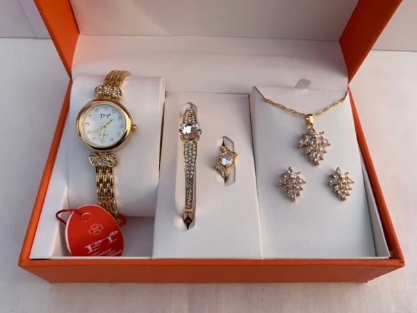 Elegant Gold-Tone Women's Watch & Jewelry Gift Set – 5-in-1 Box
