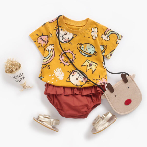 Baby Girl Cartoon Print O-Neck T-Shirt Combo Ruffle Shorts Sets In Summer